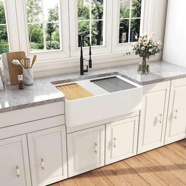 White Fireclay 33 in. Single Bowl Farmhouse Apron Workstation Kitchen Sink with Cutting Board, Bottom Grid, Strainer