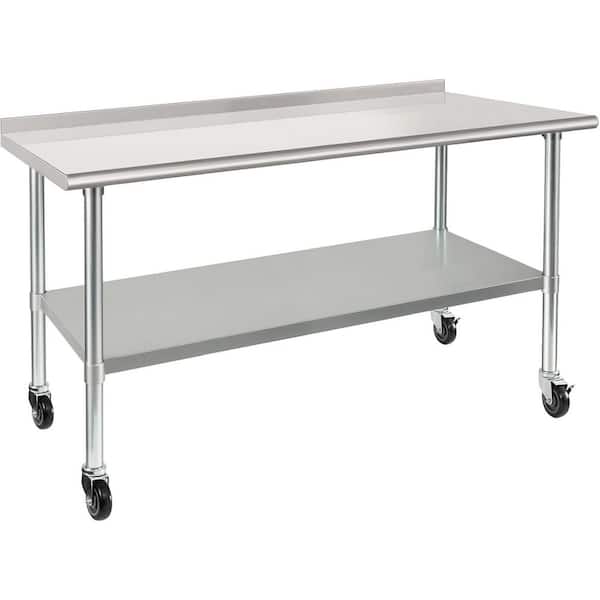 60 in. W Silver Stainless Steel Outdoor Adjustable Prep Side Table with Wheels for Commercial Kitchen, Garage, Restauran