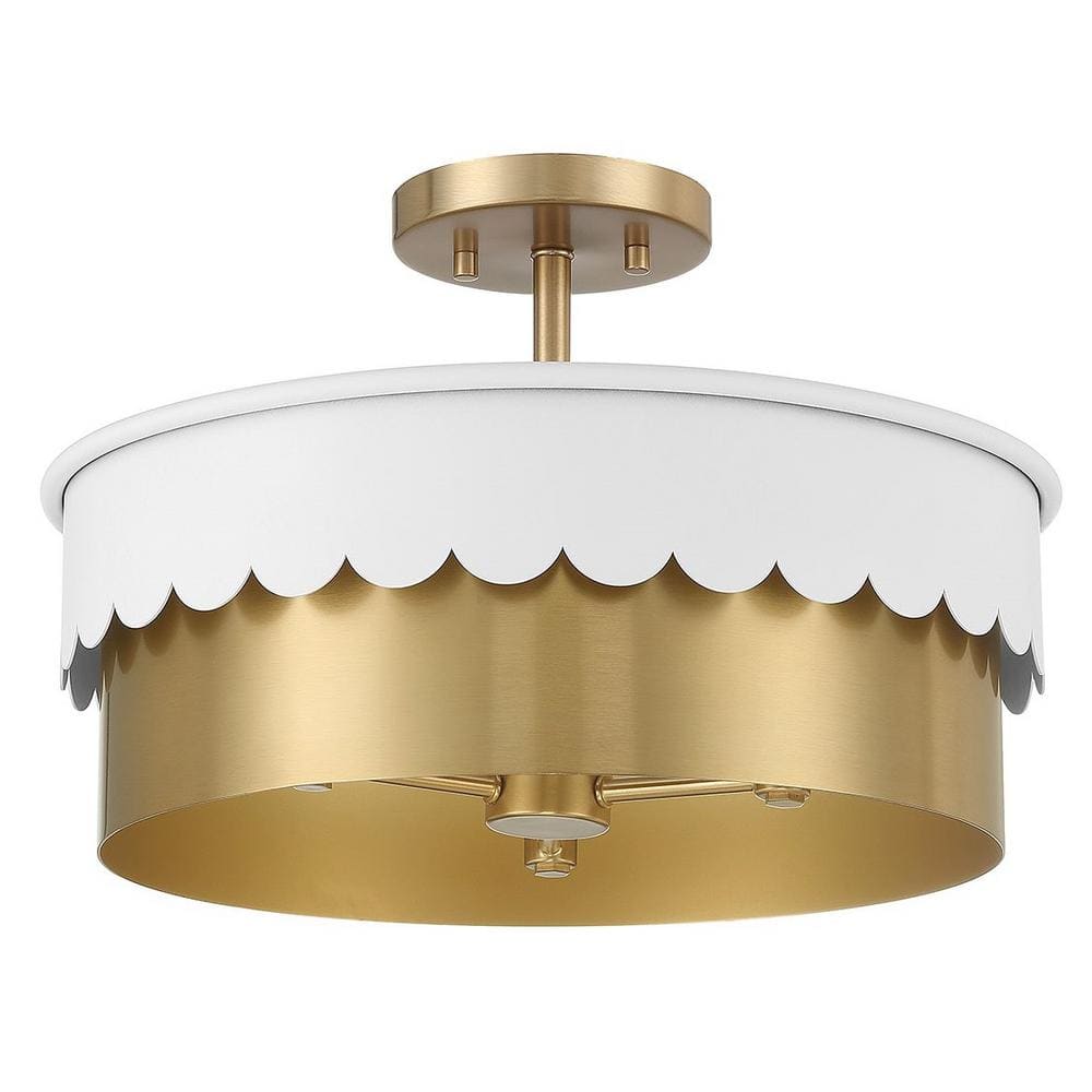 Meridian 16" White and Natural Brass 3-Light Drum Semi-Flush Mount