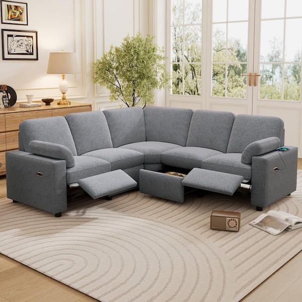 Harper & Bright Designs Home Theater 89 in. Linen Reclining Sectional Sofa in. Gray with 2-Storage Drawers, 2 USB Ports