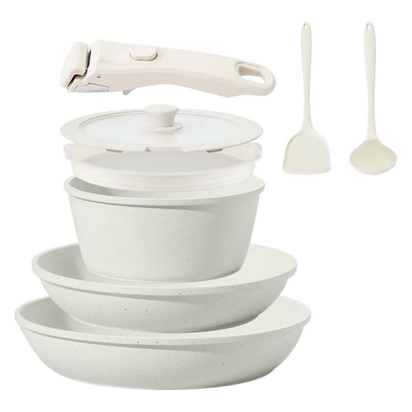 8 Piece Ceramic Nonstick Stackable Cookware Set White Aluminum Detachable Handle Easy Clean Stock Pot with Lids