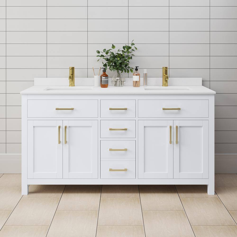 Beckett Freestanding 66'' White Double Vanity with Marble Top and Gold Accents