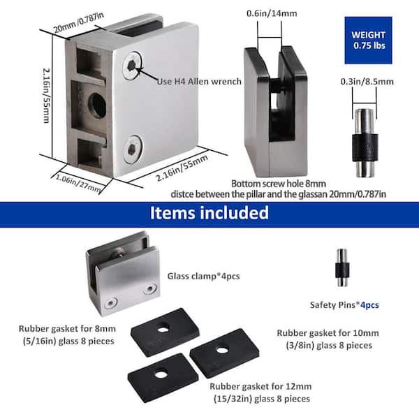 Stainless Steel Glass Clamps in Silver, Adjustable Glass Clamp Brackets, 4 Pieces Included, Fit 1/3 in. to 1/2 in. Glass