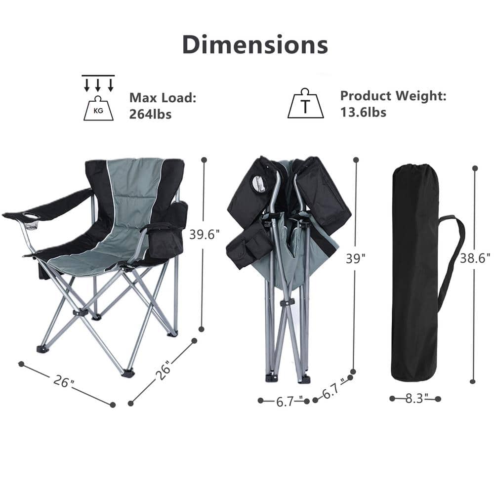 Oversized Gray Steel Frame Camping Chair with Cooler Bag