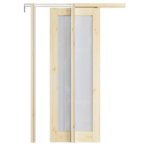 30 in. x 80 in. 1-Lite Frosted Glass Solid Core Pine Wood Unfinished Pocket Sliding Door with Pocket Door Hardware