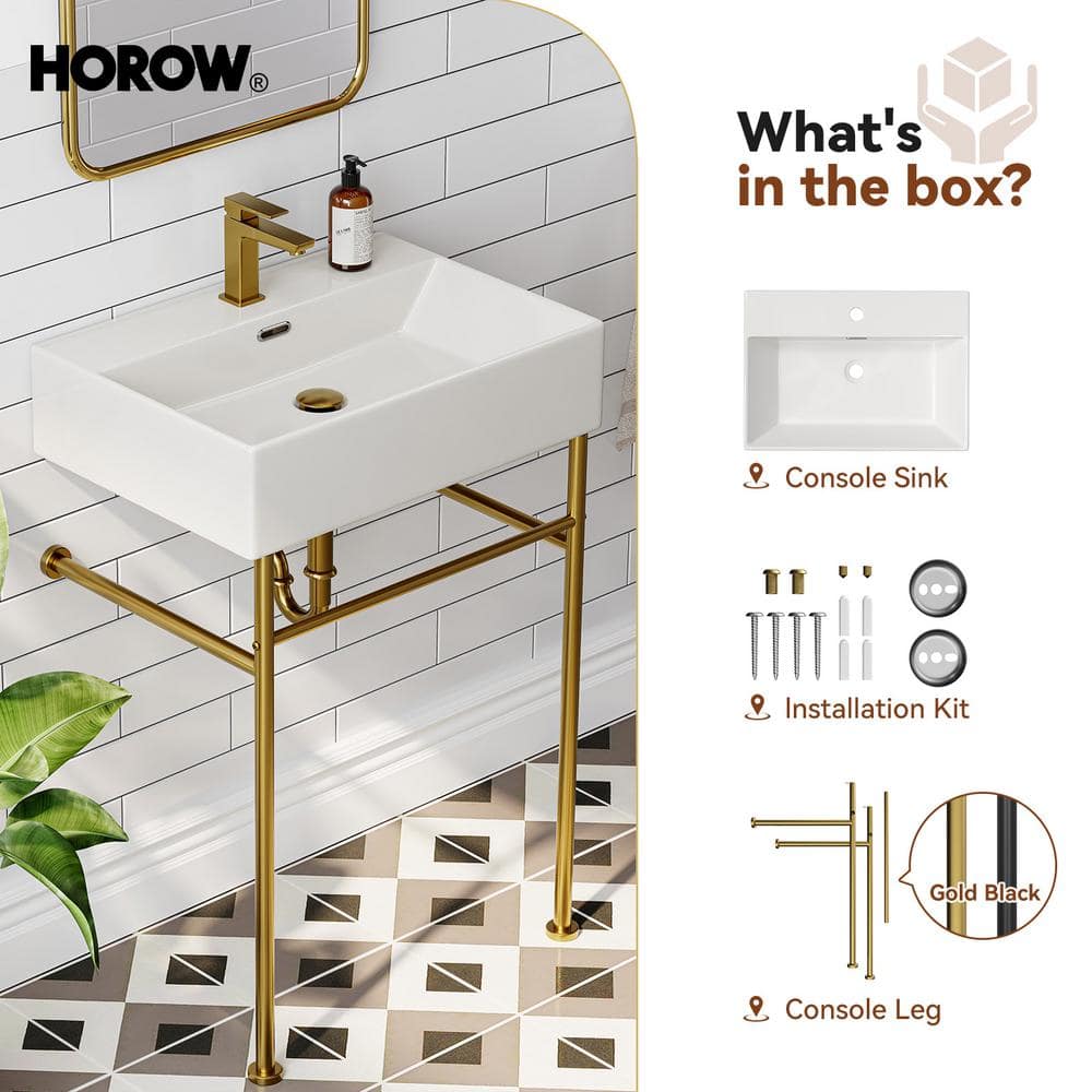 24 Inch White Ceramic Console Sink with Gold Metal Legs