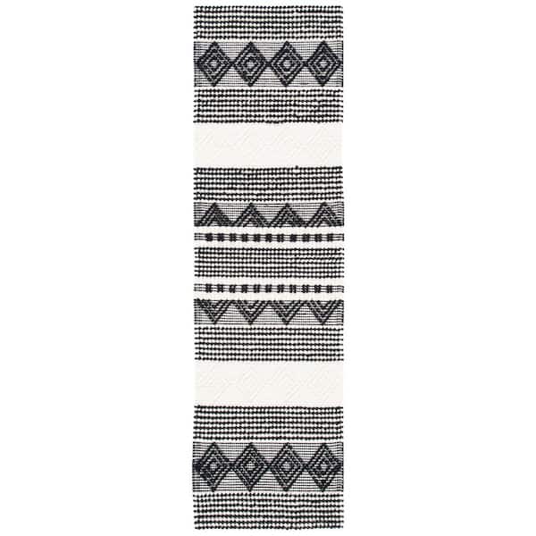 Natura 2 ft. x 16 ft. Black/Ivory Striped Diamonds Runner Rug