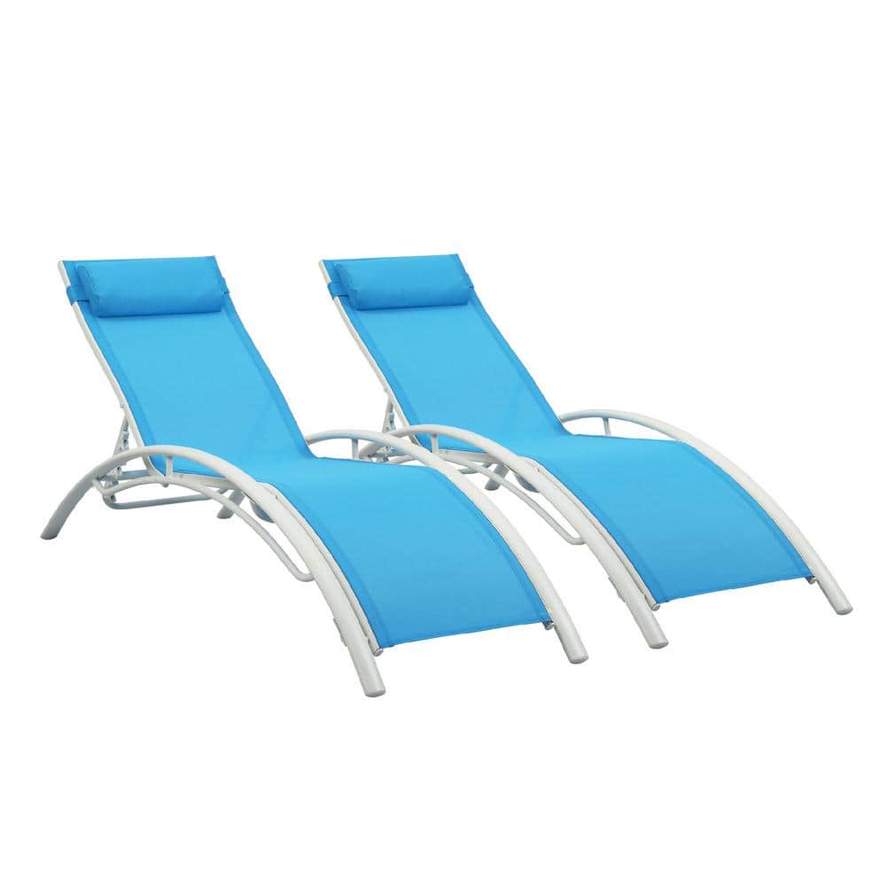 2-Piece Aluminum Outdoor Patio Adjustable Reclining Chaise Lounge with Blue