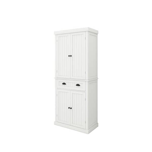 6-Shelf White Wood Pantry Organizer with Four Doors and a Drawer ...