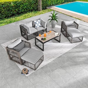 7-Piece Wicker Patio Conversation Deep Seating Set with Gray Cushions