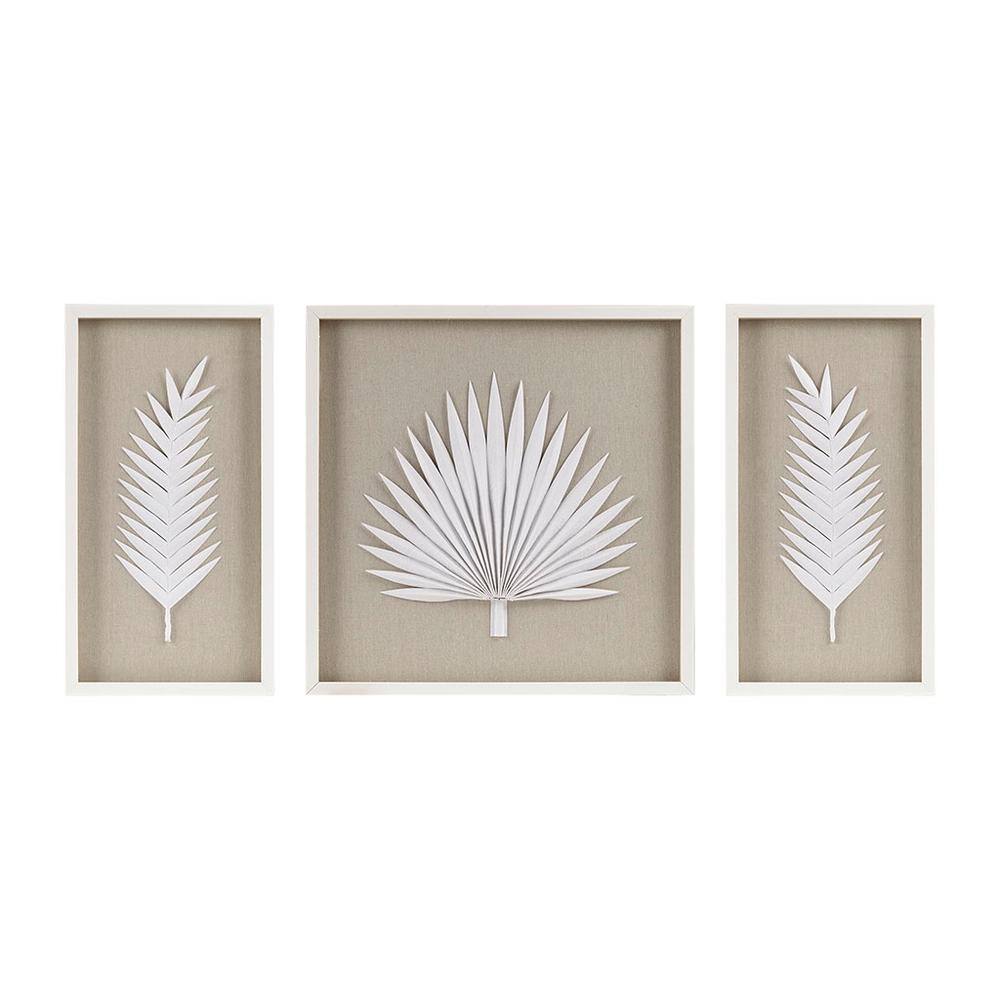 Off White MDF Framed Rice Paper Palm Leaves 3-Piece Shadowbox Wall Decor Se