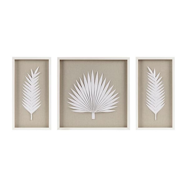 Unbranded Off White MDF Framed Rice Paper Palm Leaves 3-Piece Shadowbox Wall Decor Set Art Print, 25.2 in. x 51.98 in.