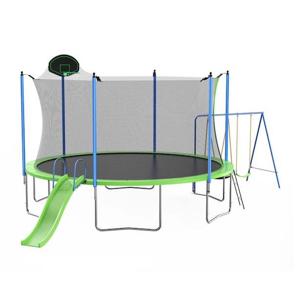 12 ft. Trampoline with Slide and Swings, Outdoor Backyard Trampoline with Net, Basketball Hoop and Ladder, ASTM Approved
