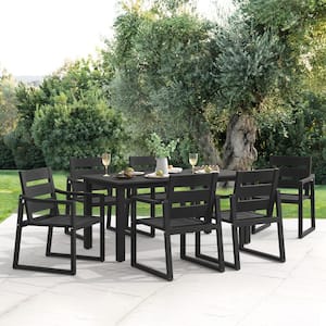 Forbes 7-Piece Black Recycled Plastic HIPS Outdoor Rectangular Dining Set With Slatted Table Top and Armchairs