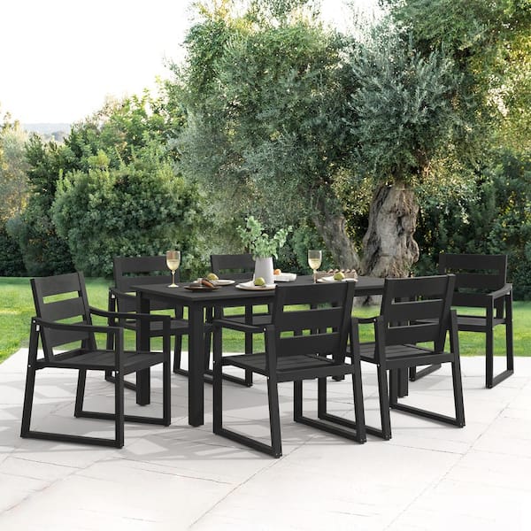 LUE BONA Forbes 7-Piece Black Recycled Plastic HIPS Outdoor Rectangular Dining Set With Slatted Table Top and Armchairs