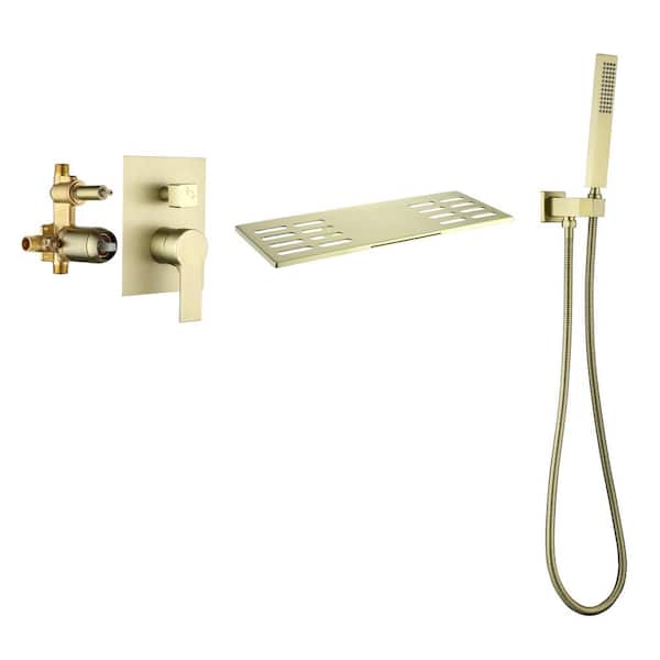Inner Decor Hig Single-Handle 1-Spray Waterfall Tub Spout Wall Mount and Shower Faucet Handheld in Brushed Gold (Valve Included)