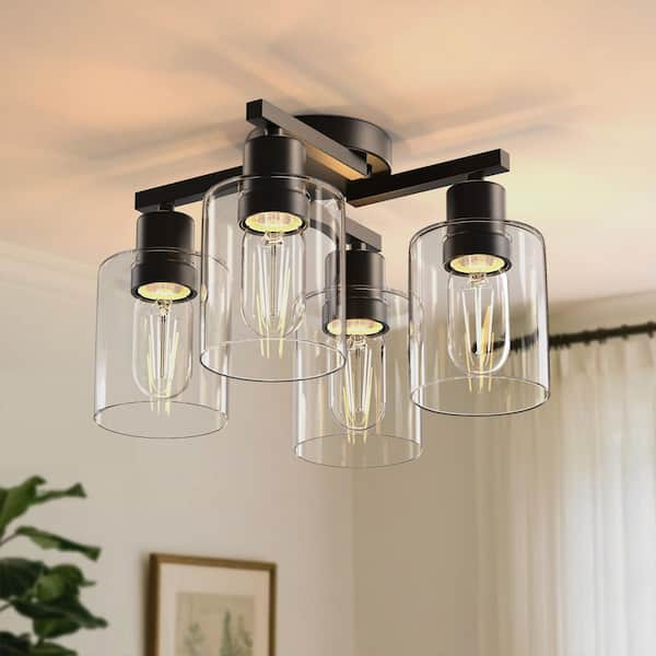 YANSUN 13 in. Industrial 4-Light Black Semi Flush Mount with Clear