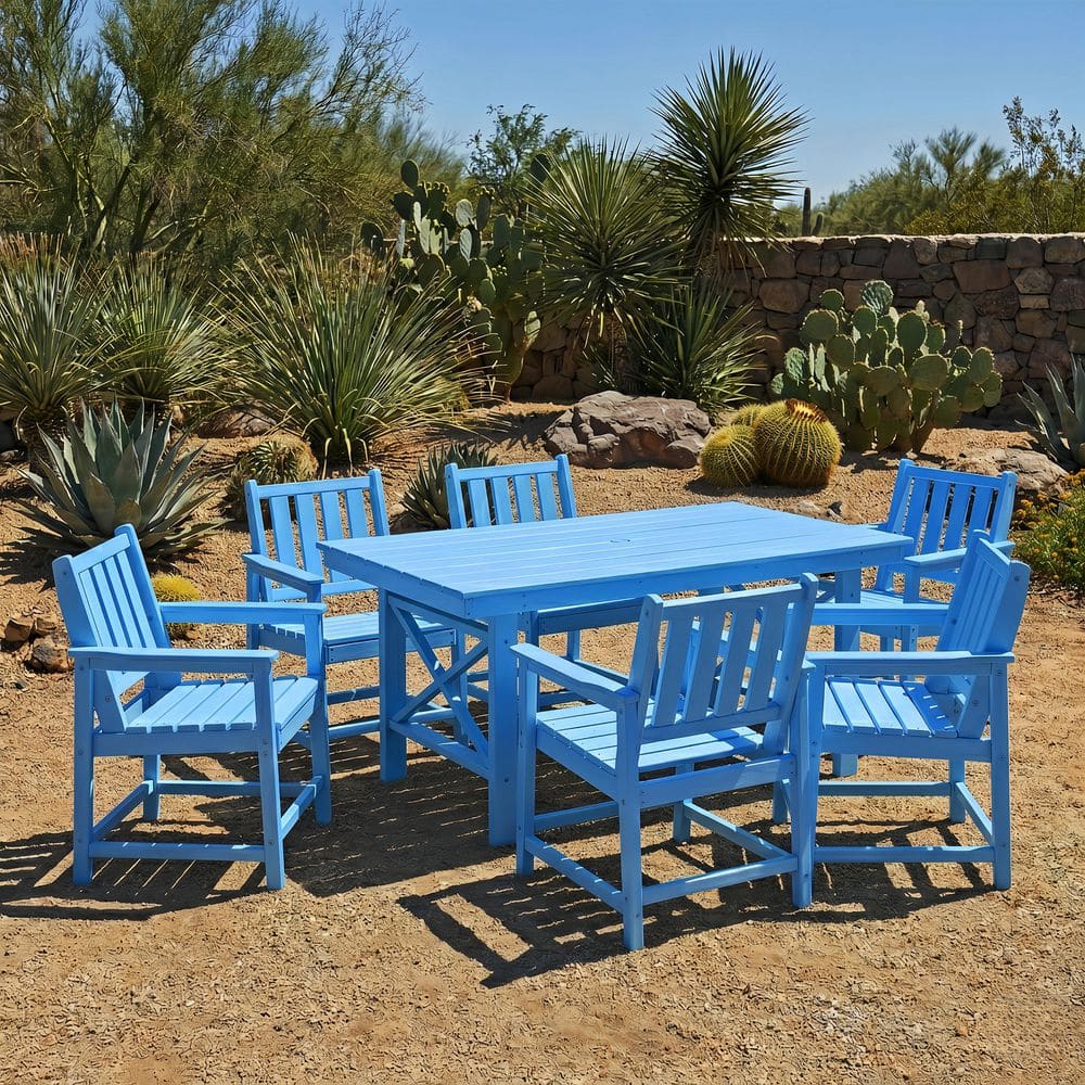 【re:z BLUE】SPICULE DIA SET RUIZI Skyblue 7-Piece HDPE Plastic Patio Outdoor Dining Set with 6