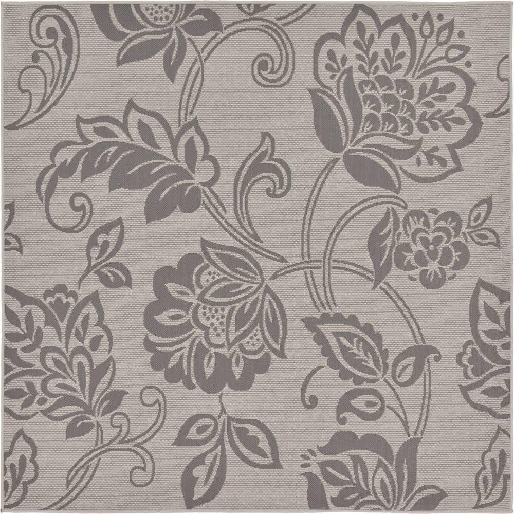 Floral Gray Synthetic 6' Square Outdoor Rug - Stain-Resistant & Easy Care