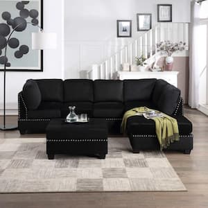 104.5 in. Square Arm Velvet L-shaped Sofa with Storage Ottoman Rivet Ornament L-shape Couch in Black