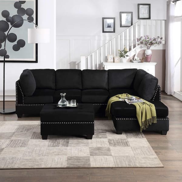 Polibi 104.5 in. Square Arm Velvet L-shaped Sofa with Storage Ottoman Rivet Ornament L-shape Couch in Black
