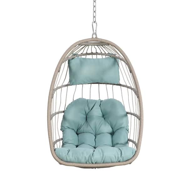 Yangming Outdoor 1-Person Wicker Rattan Egg Swing Chair without Stand, Porch Swing Foldable Hammock Chair for Bedroom, Blue