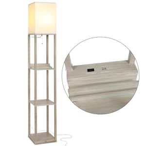Maxwell 63 in. Rustic Wood Traditional 1-Light USB Charging LED 3-Shelf Floor Lamp with White Fabric Square Shade