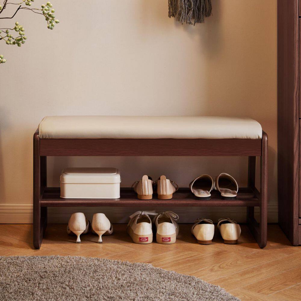 16.93 in. H x 31.5 in. W Off White Solid Wood Shoe Storage Bench with Premium PU Leather Seat