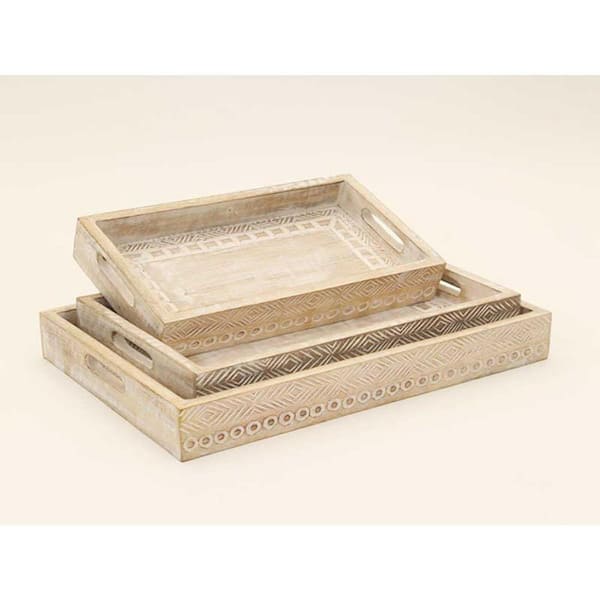 HomeRoots White Rectangle Wood 18 in. Decorative Serving Tray Set of 3