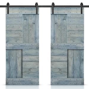 48 in. x 84 in. Denim Blue Stained DIY Knotty Pine Wood Interior Double Sliding Barn Door with Hardware Kit