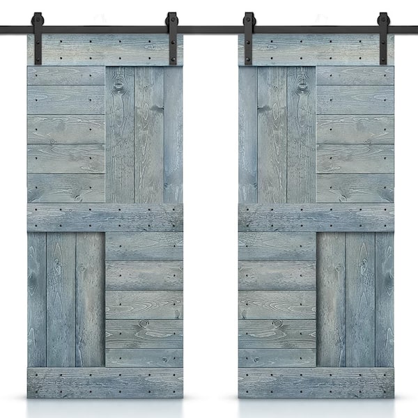 CALHOME 60 in. x 84 in. Denim Blue Stained DIY Knotty Pine Wood Interior Double Sliding Barn Door with Hardware Kit