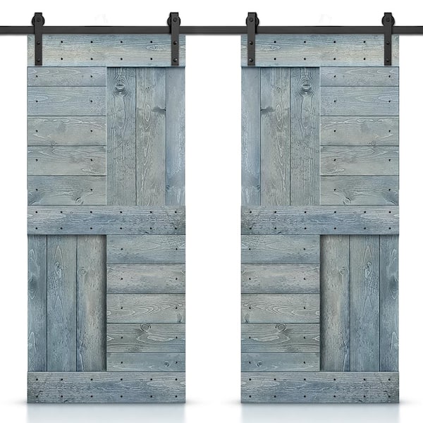 CALHOME 76 in. x 84 in. Denim Blue Stained DIY Knotty Pine Wood Interior Double Sliding Barn Door with Hardware Kit
