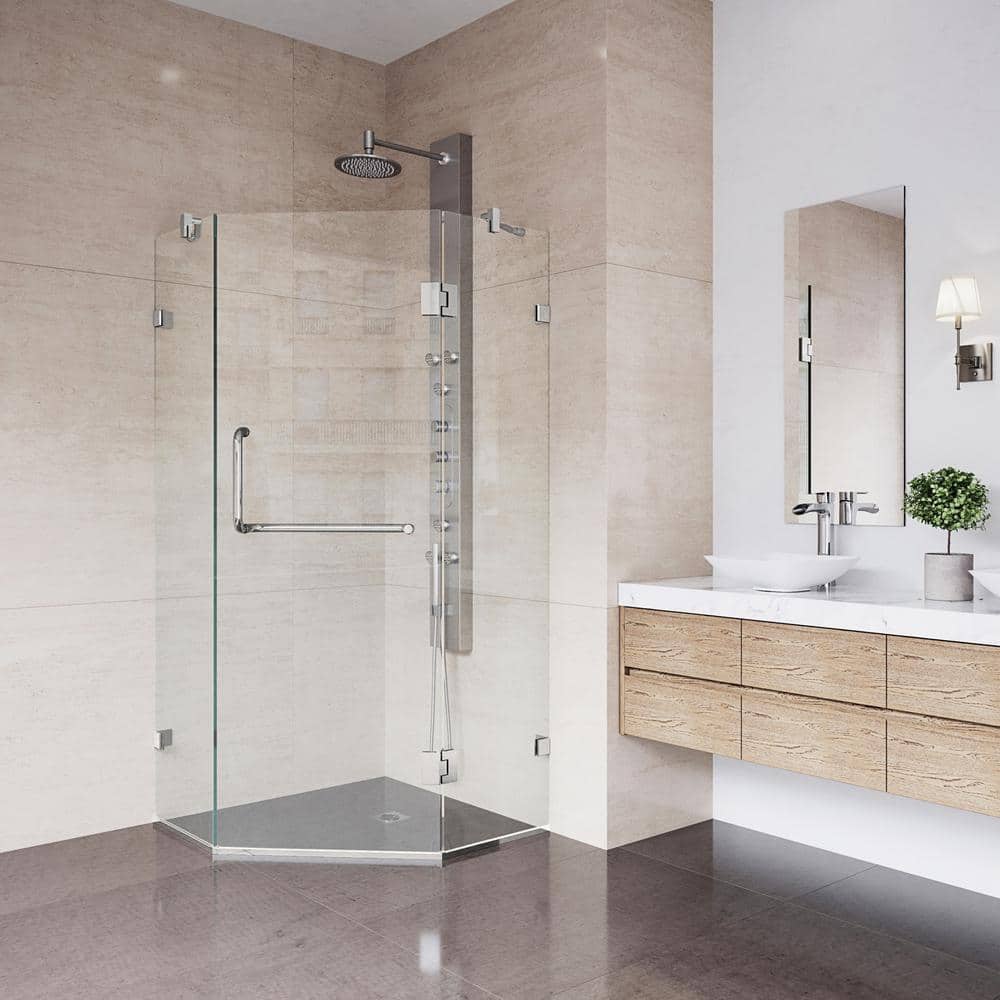 VG6062BNCL38 38"" x 38"" Clear Glass Frameless Neo Angle Reversible Shower Enclosure with Brushed Nickel -  Vigo