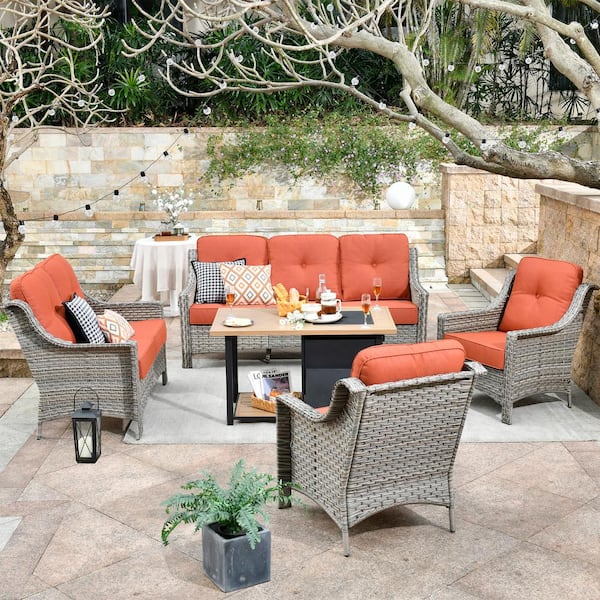 HOOOWOOO Verona Grey 5-Piece Wicker Outdoor Patio Conversation Sofa Loveseat Set with a Storage Fire Pit and Red Cushions