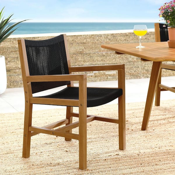 Vienna Outdoor Patio Teak Wood Dining Armchairs (Set of 2) in Natural, Black-Woven Rope Patio Chairs with Armrests