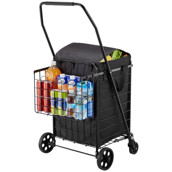 Folding Shopping Cart with Dual Baskets, Waterproof Liner, Heavy Duty Laundry & Grocery Cart, 100 lbs. Capacity