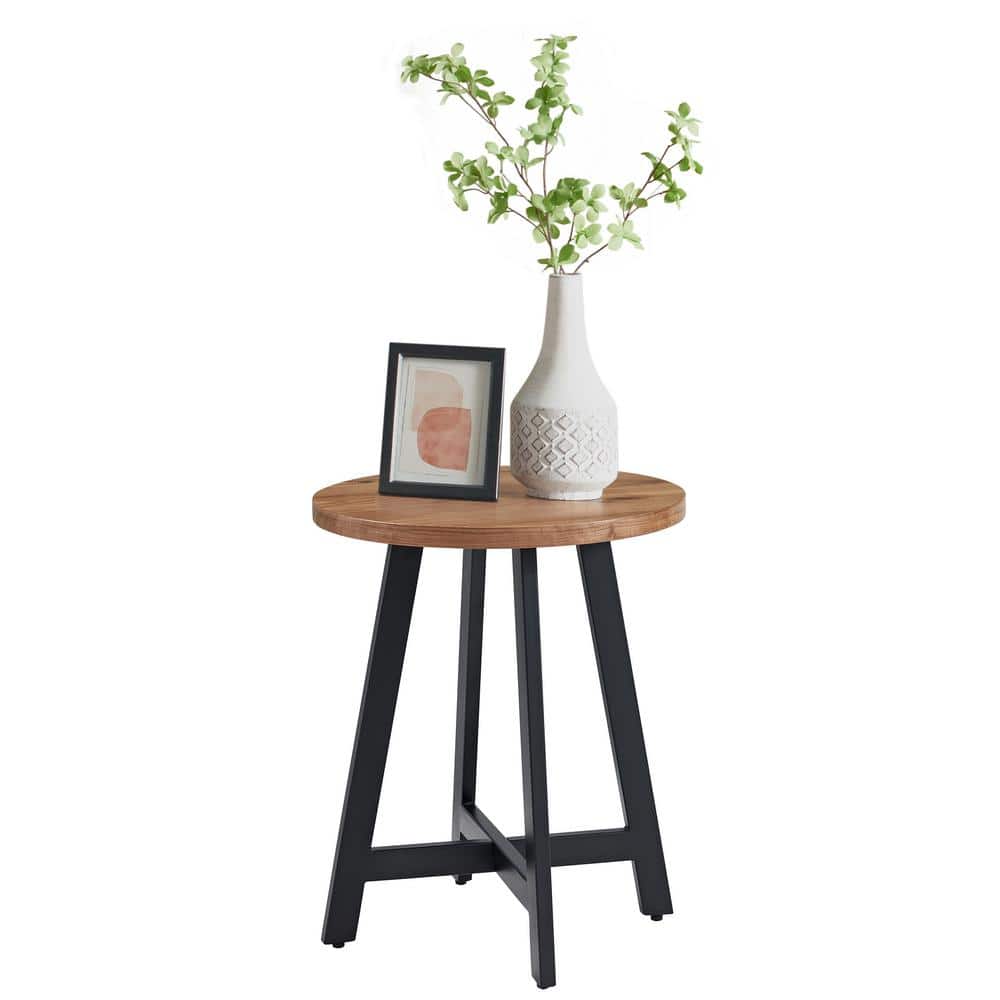 Walnut and Black Round MDF Top Industrial End Table