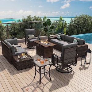 10-Pieces Outdoor Fire Pit Patio Set, Wicker Sectional Set with Swivel Rocking Chairs, Coffee Table, Gray Cushions