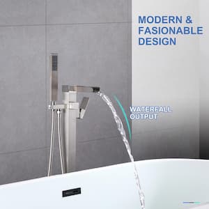 Waterfall Spout Single-Handle Floor Mount Freestanding Tub Faucet with Handheld Shower in Brushed Nickel