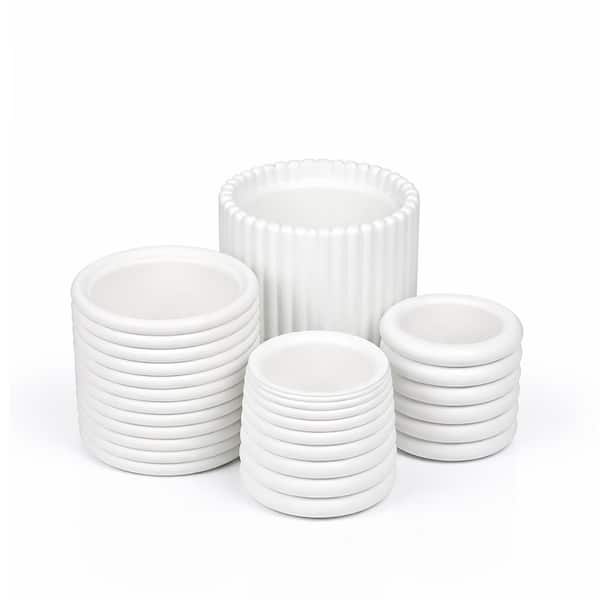 Silas Modern Concrete Fluted Sculptural Cylinder Planter Set with Drainage Holes, Matte White (Set of 4)