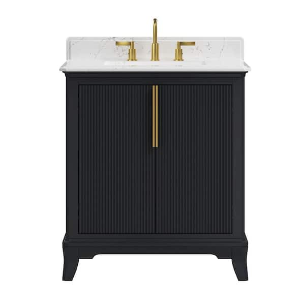 Rothen 31 in. Single Sink Freestanding Black Blue Bath Vanity with White Engineered Stone Top and Backsplash Assembled