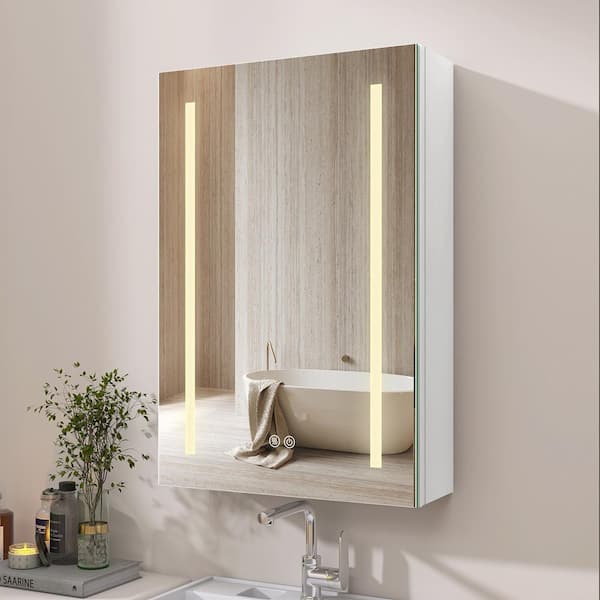 NTQ 20 in. W x 30 in. H Surface Mount Rectangular White Aluminum Smart LED Bathroom Medicine Cabinet with Mirror and Lights