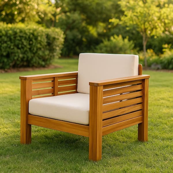 Siyal Brown Wood Outdoor Lawn Chair with Soft Beige Cushions (Set of 2)