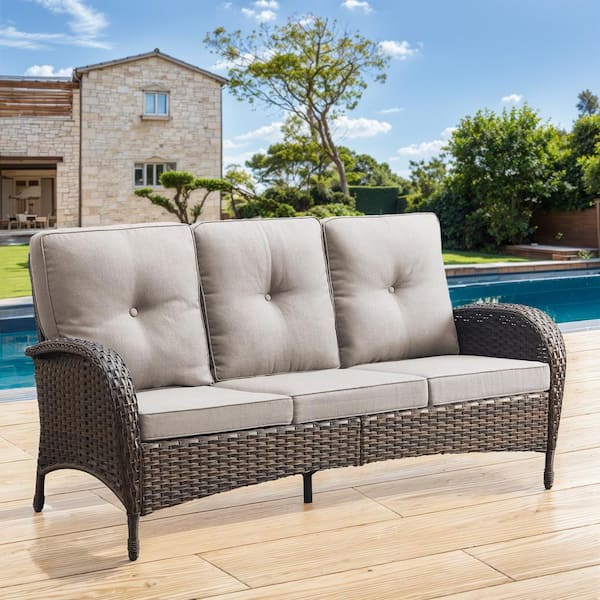 moosprr 3-Seat Brown PE Wicker Outdoor Couch with Beige Cushions