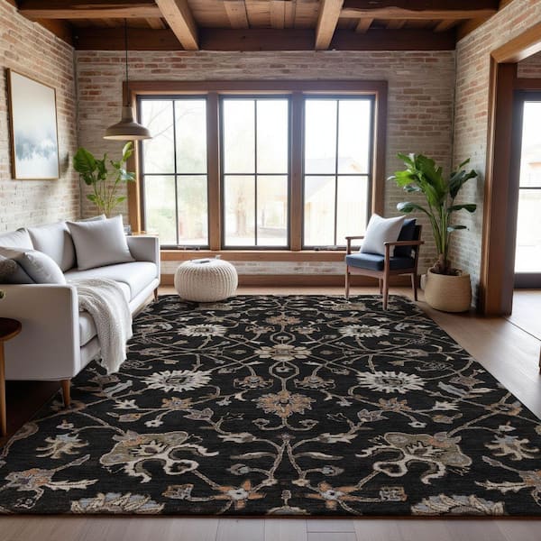 Mayfield Premium Machine Washable Abstract AMF1137 Black 9 ft. x 12 ft. Area Rug