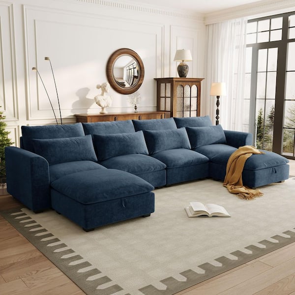 131.9 in. Linen Blend U-shaped Modular Sectional Sofa in Blue with 2-Storage Ottomans