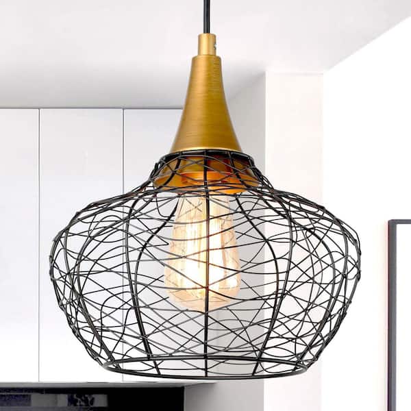 Modern Cage Ceiling Light Lirin 1-Light Brushed Gold and Black Farmhouse Dome Pendant Light with Metal Shade