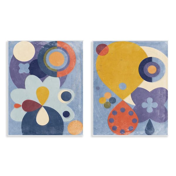 Stupell Industries Retro Shapes on Blue by Victoria Barnes 2 Pieces Unframed Abstract Graphic Art Print 14 in. x 11 in.