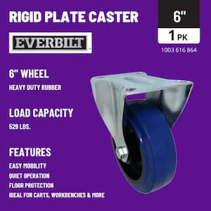 6 in. Blue Heavy-Duty Elastic Rubber and Steel Rigid Plate Caster with 529 lb. Load Rating