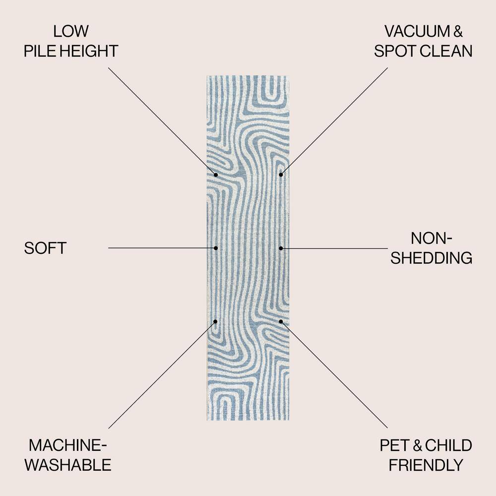 Blue and Cream Abstract Machine-Washable Runner Rug